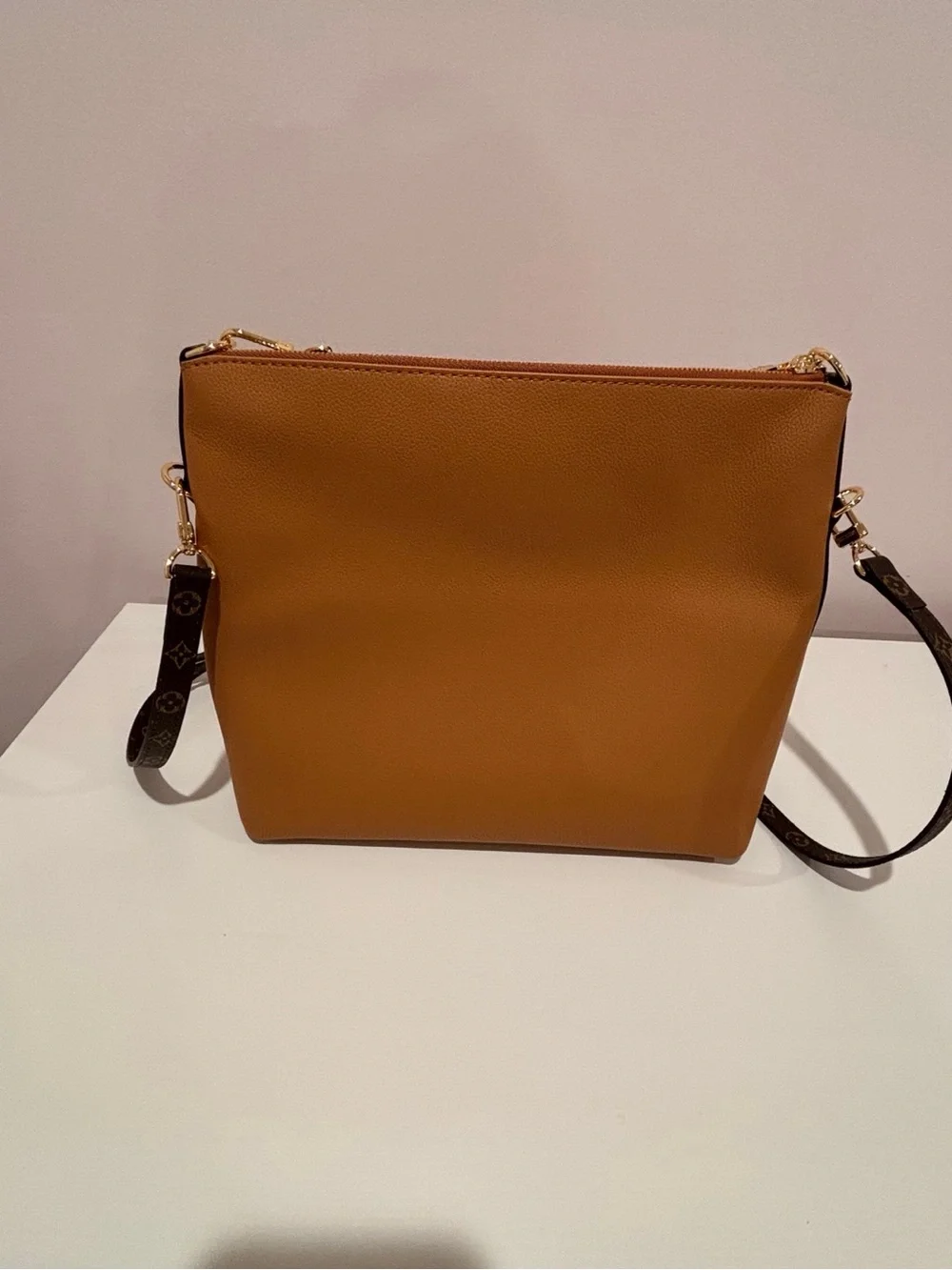 Chain-Accent Crossbody Bag in Tan
